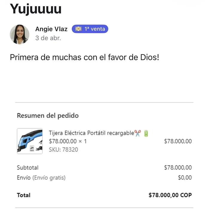 Publicación real de Angie: su primera venta
