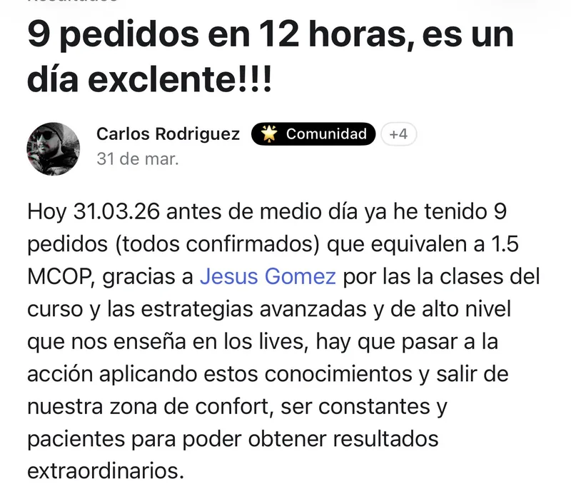 Publicación real de Carlos: 9 pedidos en 12 horas