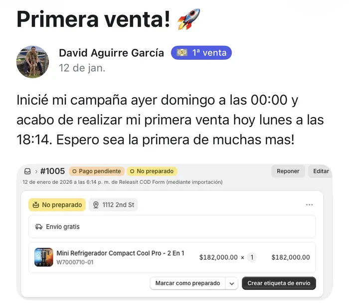 Publicación real de David: primera venta al día siguiente de iniciar su campaña