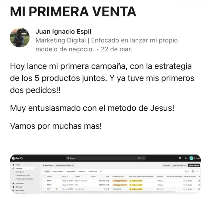 Publicación real de Juan Ignacio: primeros dos pedidos en su primera campaña