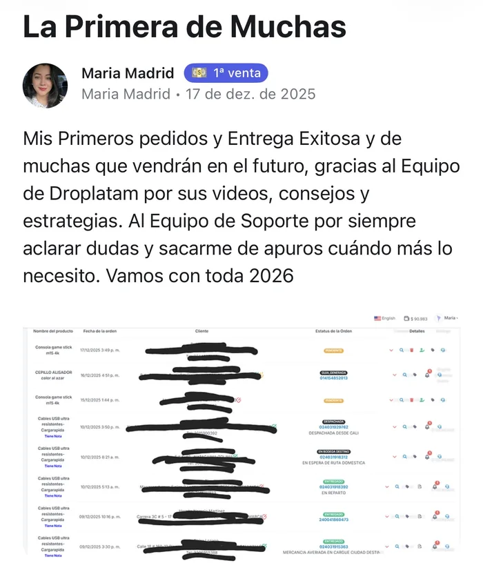 Publicación real de Maria: primeros pedidos y entregas exitosas